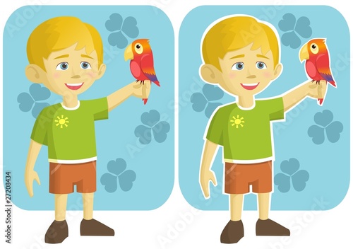 Cheerful boy with his parrot pet