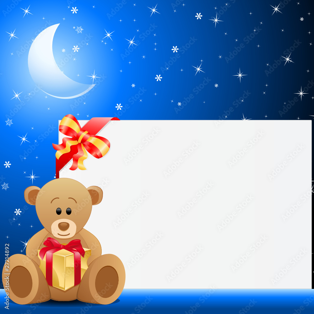 Fototapeta premium Weihnachtskarte mit Teddybär und Geschenk