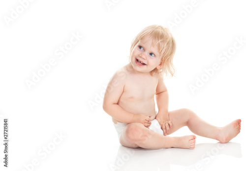 Obraz na płótnie cute baby sits smiling isolated on white w salonie