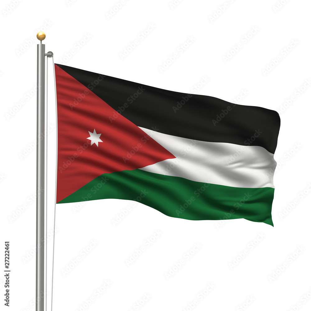 Flag of Jordan waving in the wind in front of white Flag of Jordan waving in the wind in front of white