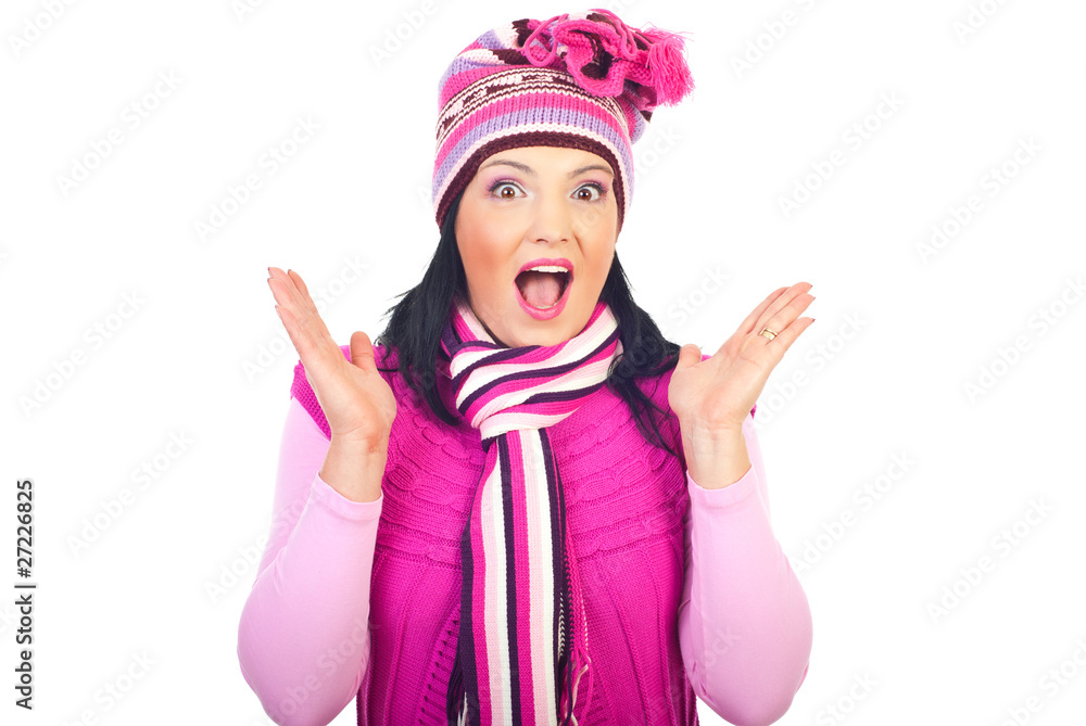 Amazed woman in pink winter clothes Amazed woman in pink winter clothes
