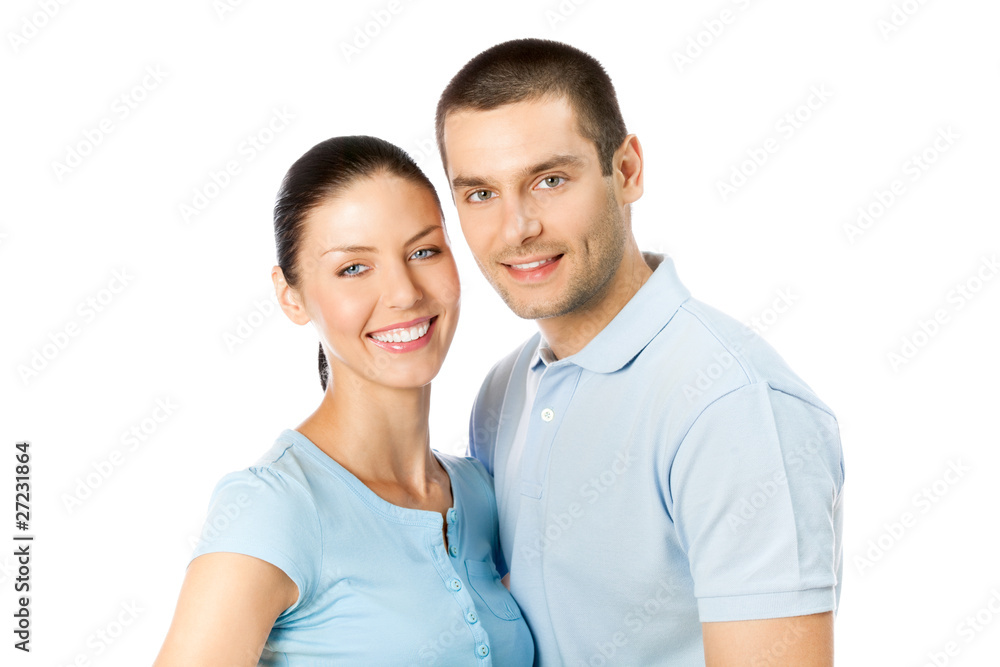 Portrait of young happy smiling attractive couple, isolated Portrait of young happy smiling attractive couple, isolated
