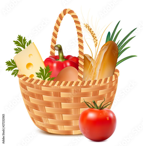 Vector. Basket full of basic food. photo