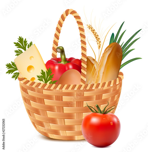 Vector. Basket full of basic food.