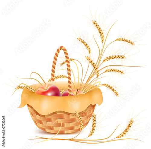 Vector. Ears of wheat and apple in the basket.