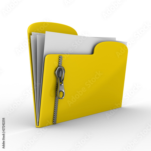 Yellow computer folder with zipper. Isolated 3d image