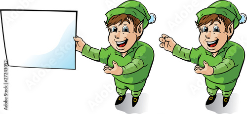 Happy Elf showing something or showing a sign