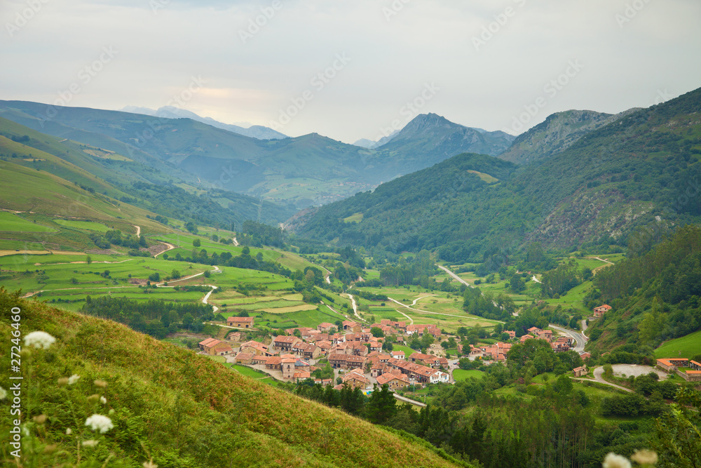 Aerial view of a typical town in Saja Valley, Cantabria, Spain