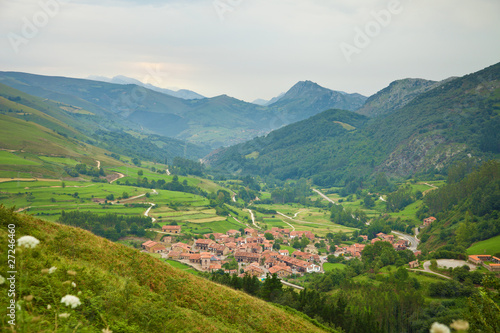 Aerial view of a typical town in Saja Valley, Cantabria, Spain