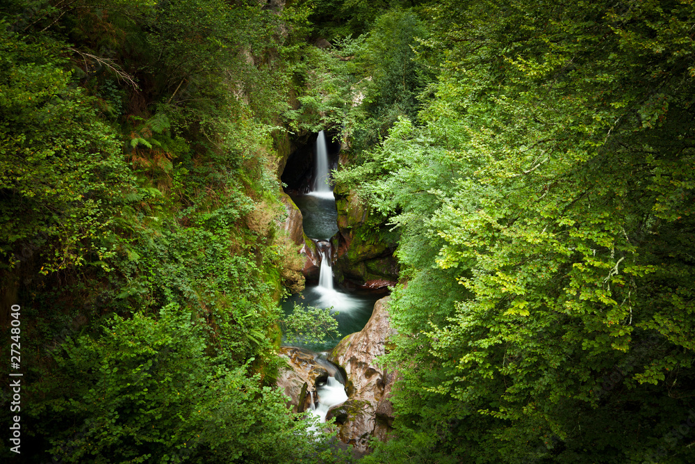 Fototapeta premium Waterfalls of Saja river in a will deep forest. Cantabria, Spain