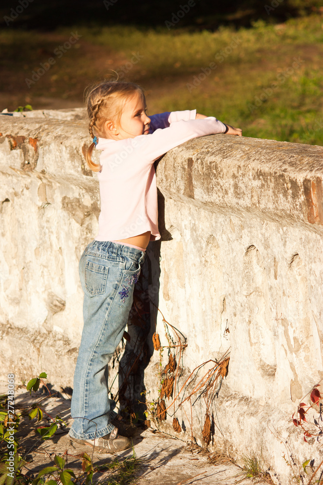 Beautiful girl standing at  a brick hadge