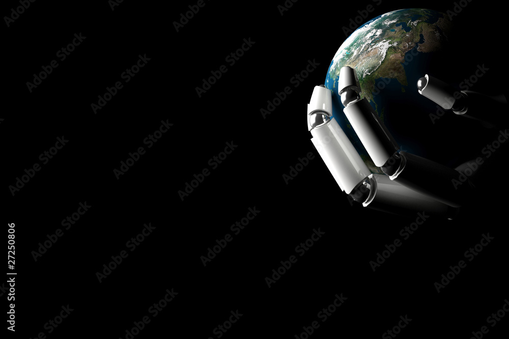 Fototapeta premium Cyborg hand shows the earth