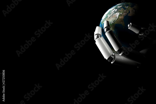 Fototapeta Naklejka Na Ścianę i Meble -  Cyborg hand shows the earth