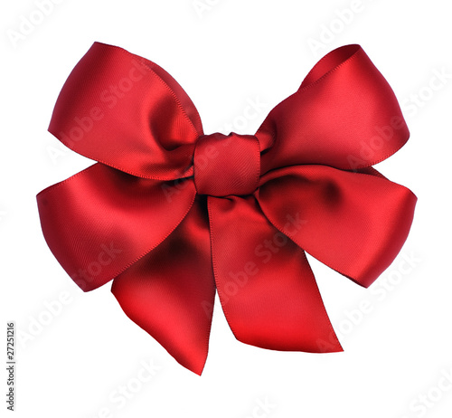 Red satin gift bow. Ribbon. Isolated on white photo