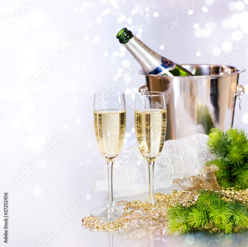 Champagne and Gifts.New Year Celebration.Isolated on white