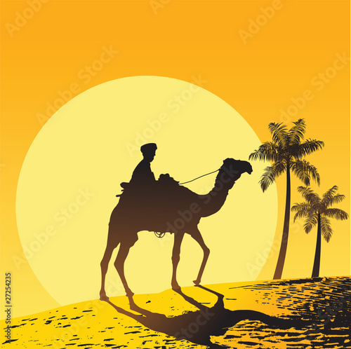 The man riding camel on Sahara desert