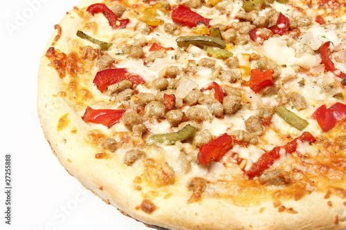 Sausage pizza with bell peppers and onions.