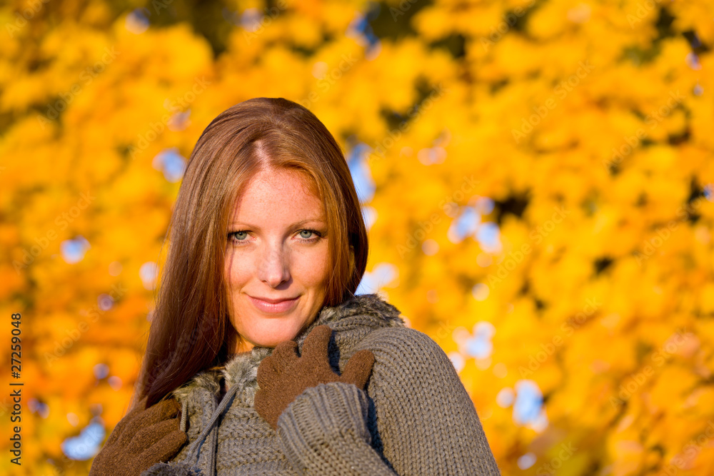 Autumn sunset park - red hair woman fashion Autumn sunset park - red hair woman fashion