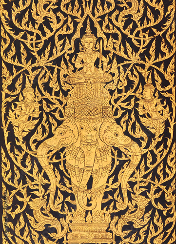 god on Erawan elephant in traditional Thai style art