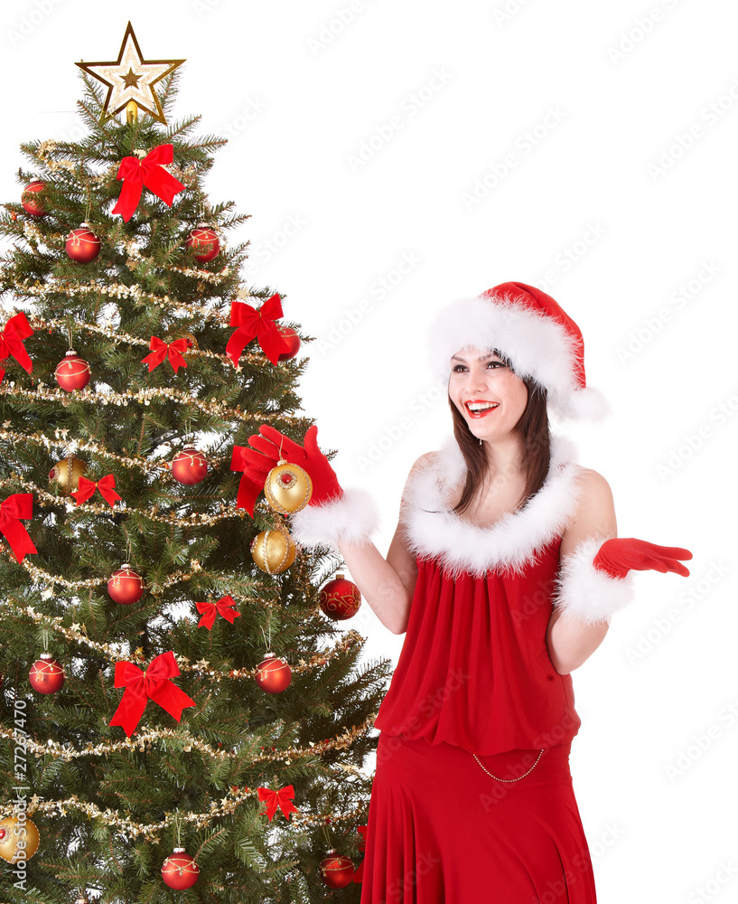 Christmas girl in santa holding gift box.  Isolated.