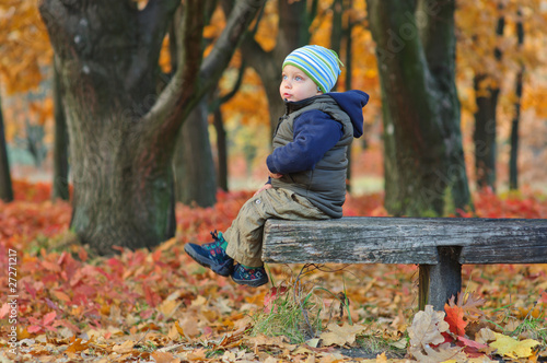 Cute little boy sitting on a bench in the autumn park