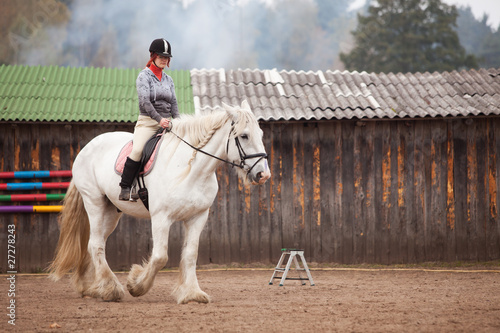 Tableau sur toile Young woman riding shire horse