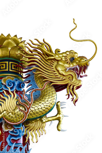 Golden dragon statue on white background © lavoview