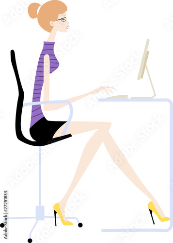An illustration of a young woman using a laptop computer