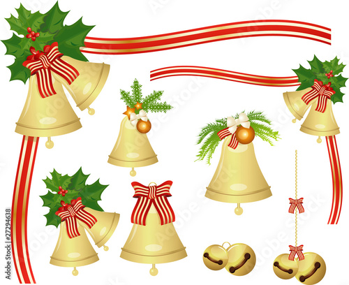 gold Christmas bells with bows and holly