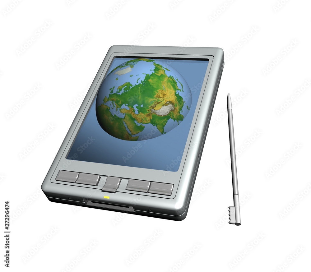 pocket pc and blue globe a white background. pocket pc and blue globe a white background.