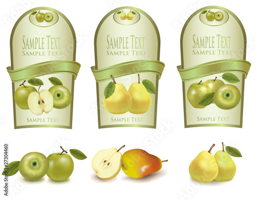 Gold labels with different sorts of fruit. Vector.