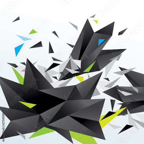 Abstract figure of black triangles surrounded flying splinters