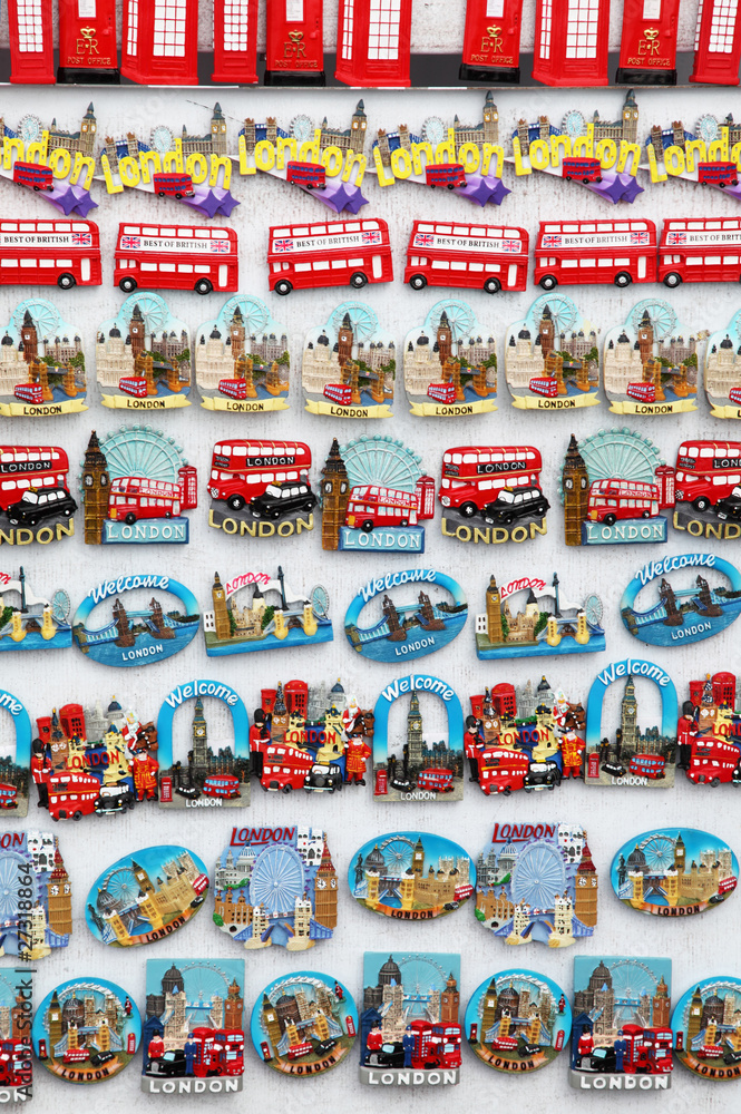 magnet souvenirs from London: Big Ben, red bus, phone