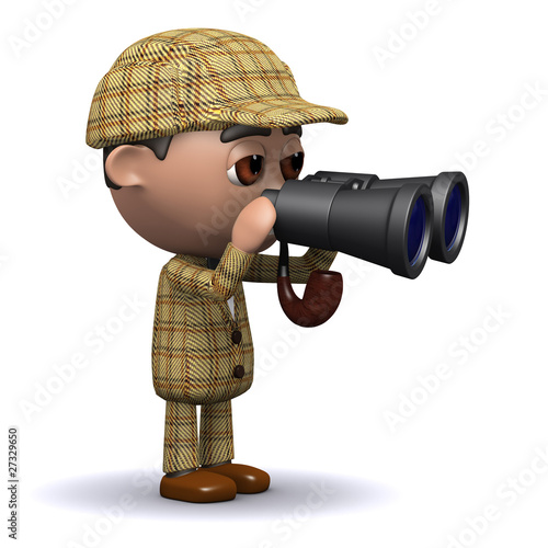 3d Young detective looks through his binoculars