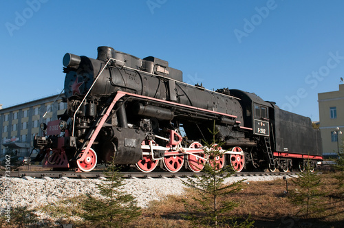 Monument of old steam locomotive. Ulan-Ude, Russia