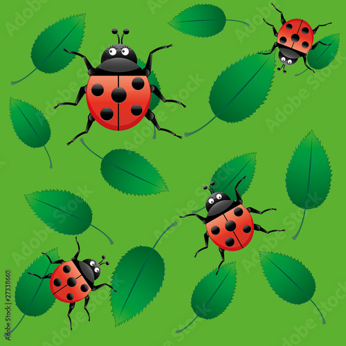 Cute ladybug on green pulpy leaves, seamless © MarketOlya