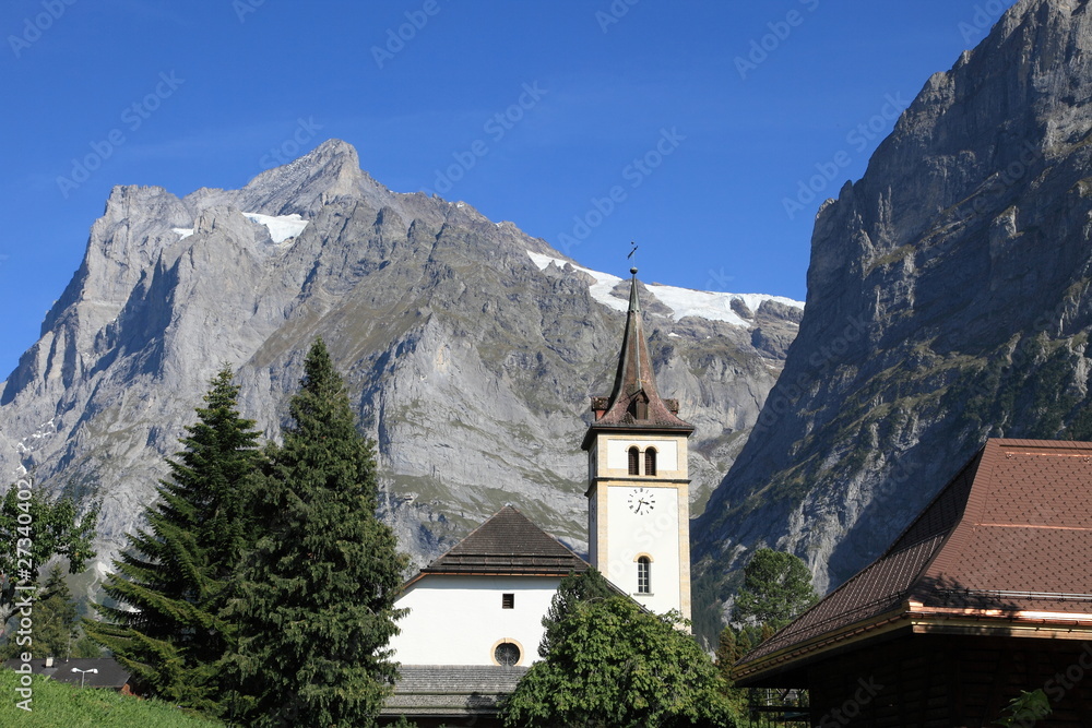 Wetterhorn Mountain and church, Jungfrau alps, Switzerland