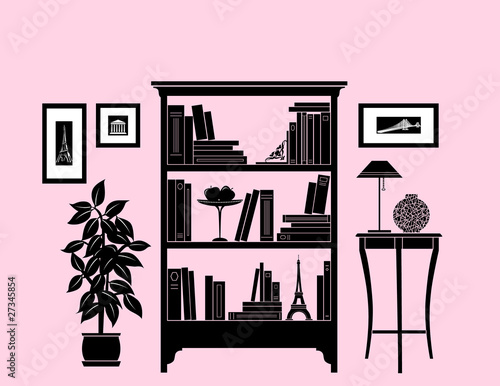 Stylish bookshelf, sillhouettes
