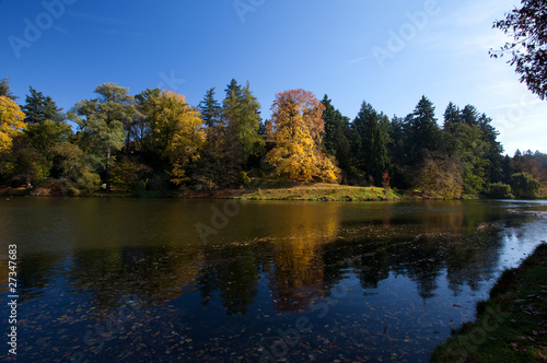 beautiful autumn landscape with colorful trees and a pond
