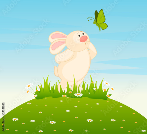Vector cartoon little toy bunny with butterfly