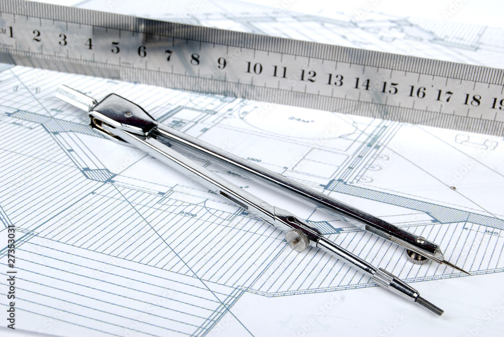 Ruler,compass and blueprint Ruler,compass and blueprint