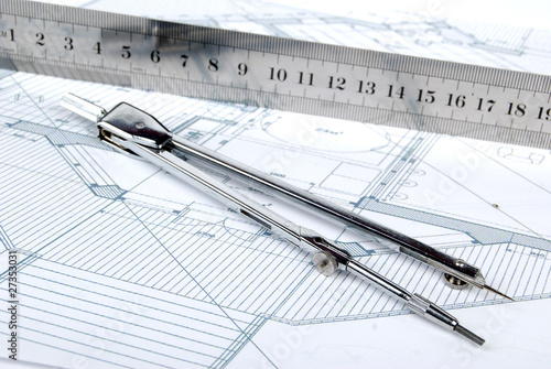 Wallpaper Mural Ruler,compass and blueprint Torontodigital.ca