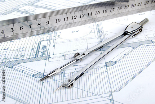 Wallpaper Mural Ruler,compass and blueprint Torontodigital.ca