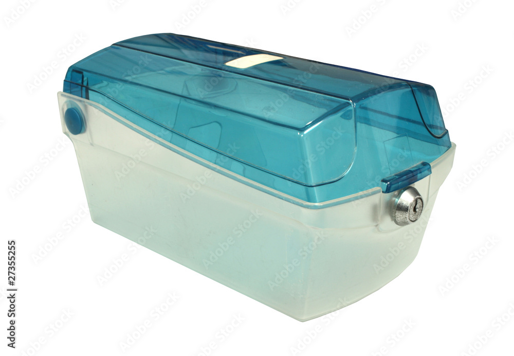 Old empty blue plastic box with key lock on white background Stock Photo |  Adobe Stock
