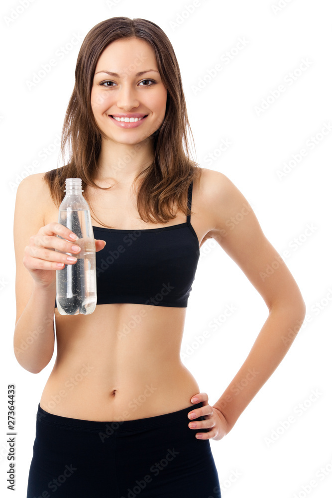 Happy smiling woman in sportswear with water, on white Happy smiling woman in sportswear with water, on white