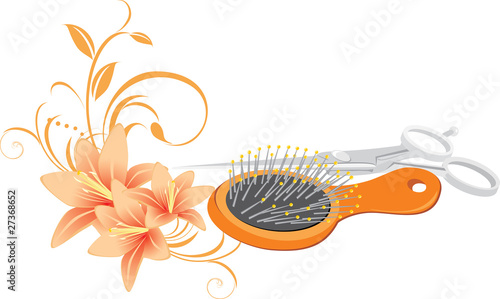 Hairbrush, scissors and bouquet of lilies. Vector