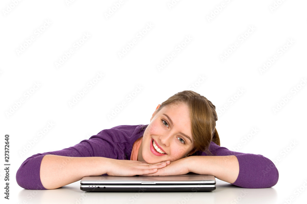 Girl leaning on table with laptop