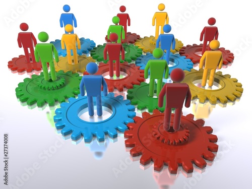 Multi colour cogs + 3D figures as a metaphor for a diverse team