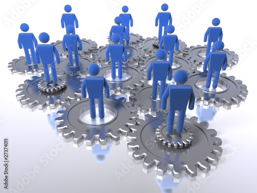 Model of 3D figures on connected cogs as a metaphor for a team
