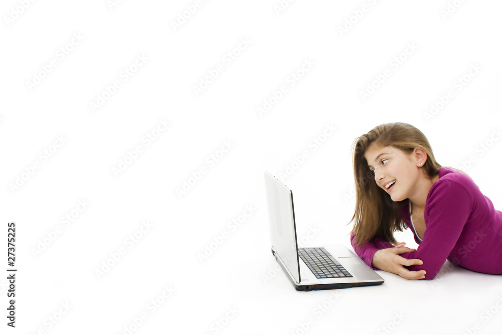 Beautiful and happy girl with a laptop, isolated on white Beautiful and happy girl with a laptop, isolated on white